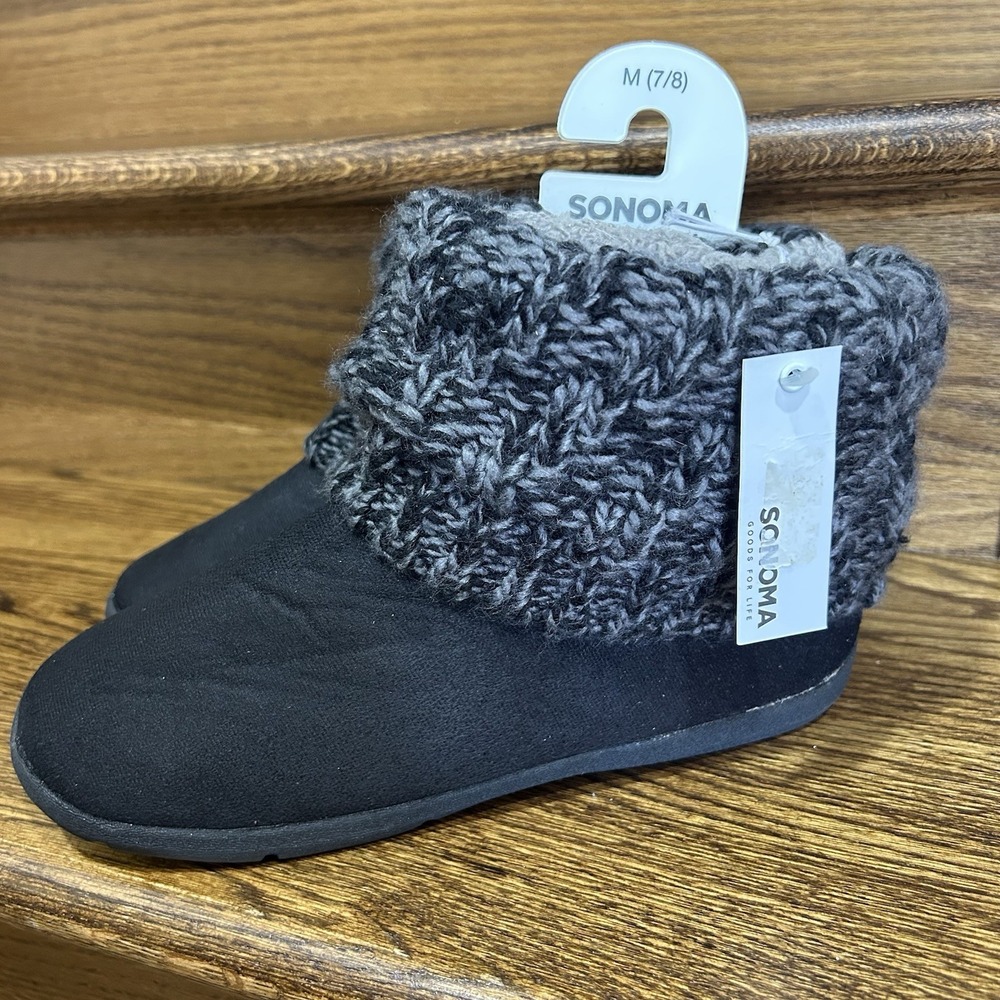 Sonoma Goods For Life Women's Slipper Booties Black Knit Cuff Faux Fur 7/8 Med